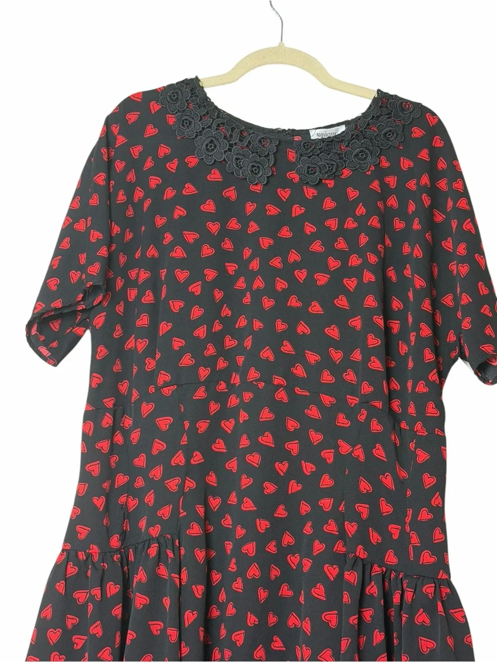 Unique Vintage Margie 1940s Heart Print Midi Dress Black Red Lace Collar 2X - Picture 7 of 9